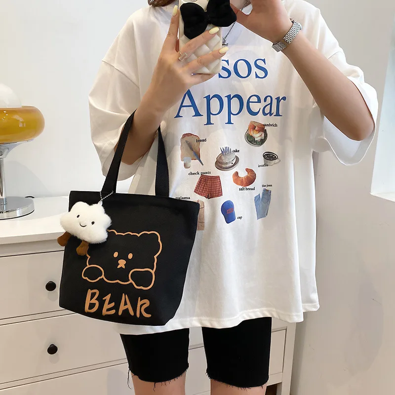 Custom  Small Canvas Bag Cartoon Bear Lunch Box Bag Student Work Shopping Shopping Canvas Bag Student Class Cute Cloth Bag