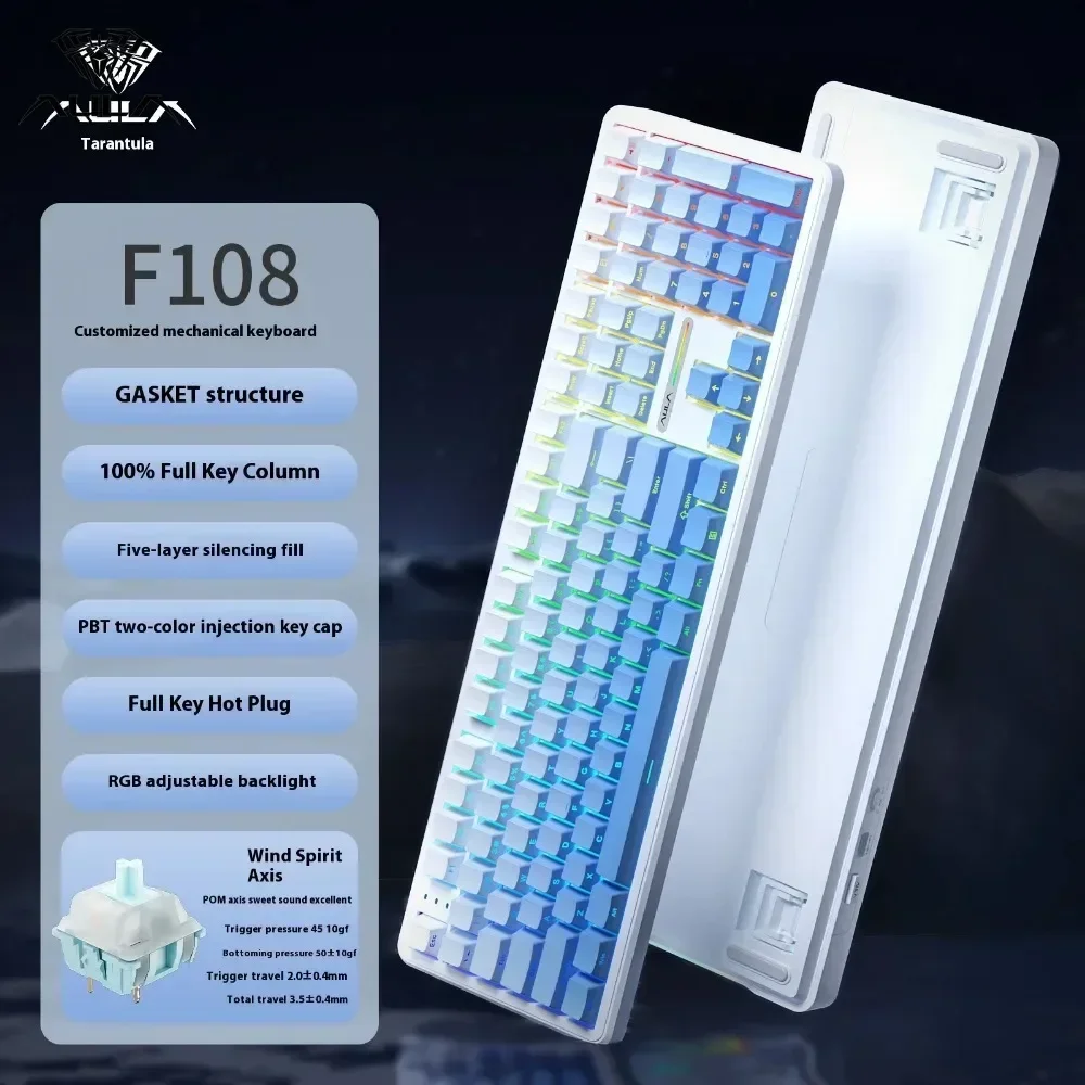Keyboard Mekanis AULA F108 2.4G Nirkabel/Bluetooth/Kabel Gaming Keyboard 100% Tata Letak Pbt Keycaps Hot Swap RGB Keyboard