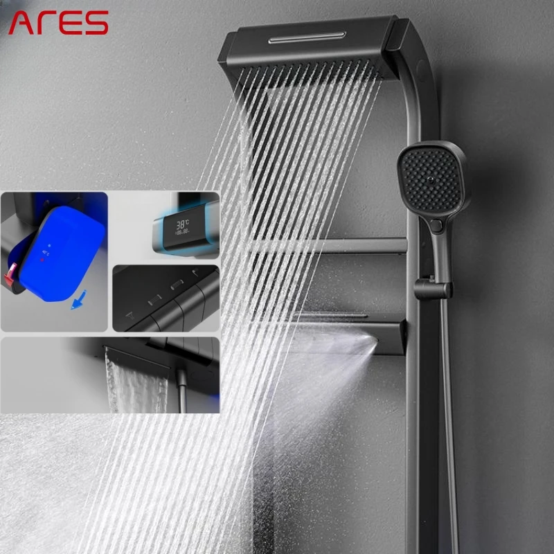 Brass Rainfall Temperature Thermostatic LED Digital Display Single Household Shower Head Water Bath Shower Faucets Panel Set