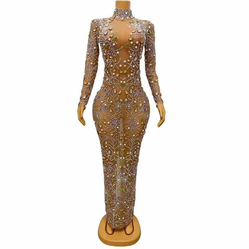 

Sparkly Colorful Rhinestones Nude TransparentDress Evening Birthday Celebrate Costume PromParty Show Dresses haitang C077