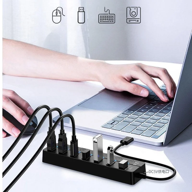 4/7 Ports USB3.0 Adapter Portable USB Multiport USB 3.0 Ports Hub with Switches LED Converter 5Gbps Data Transfer for Laptop PC