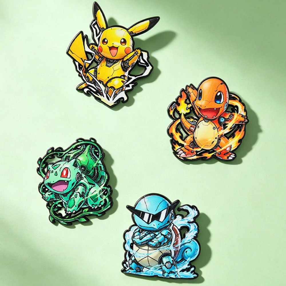 4Pcs Mechanical Pokemon Enamel Pin Pikachu Charmander Bulbasaur Squirtle Metal Brooch Lapel Badge Backpack Decor Anime Fans