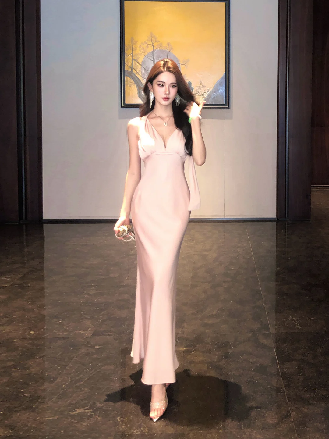 Pink Waist-Cinching Dress Sexy Backless Evening Gown French Style Draped S Silhouette Breathable Summer Ball Dress