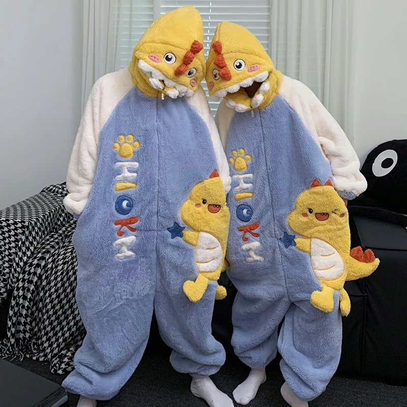 Kigurumis Dinosaur Women Pajamas Men Jumpsuits Sleepwear Winter Thick Couples Hooded Pyjamas Coral velvet Onesie Soft Zipper