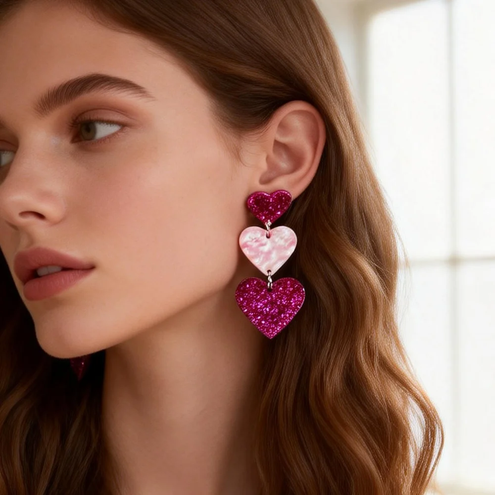 New Valentine's Day Acrylic Earring for Women Glitter Colorful Love Heart Splicing Drop Earrings Sweet Jewelry Gifts