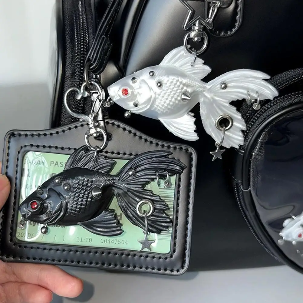 Punk Gothic Goldfish Keychain Rivet Studded Fish Bag Charm Pendant Cool Y2K Backpack Decoration Key Ring Accessories