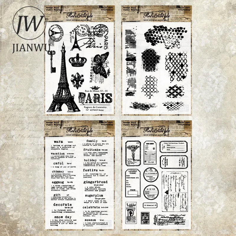 Jianwu-ヴィンテージの英語のテキストラベル素材、透明なシリコンスタンプ、クリエイティブなDIYジャーナル、学生の文房具用品