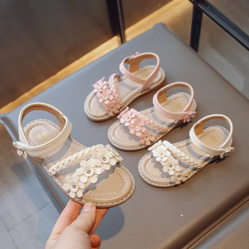 Summer Baby Girls Sandals Woven Style Children Flower Princess Shoes Outdoor Anti Slip Kids Barefoot Beach Shoes Size 23-36