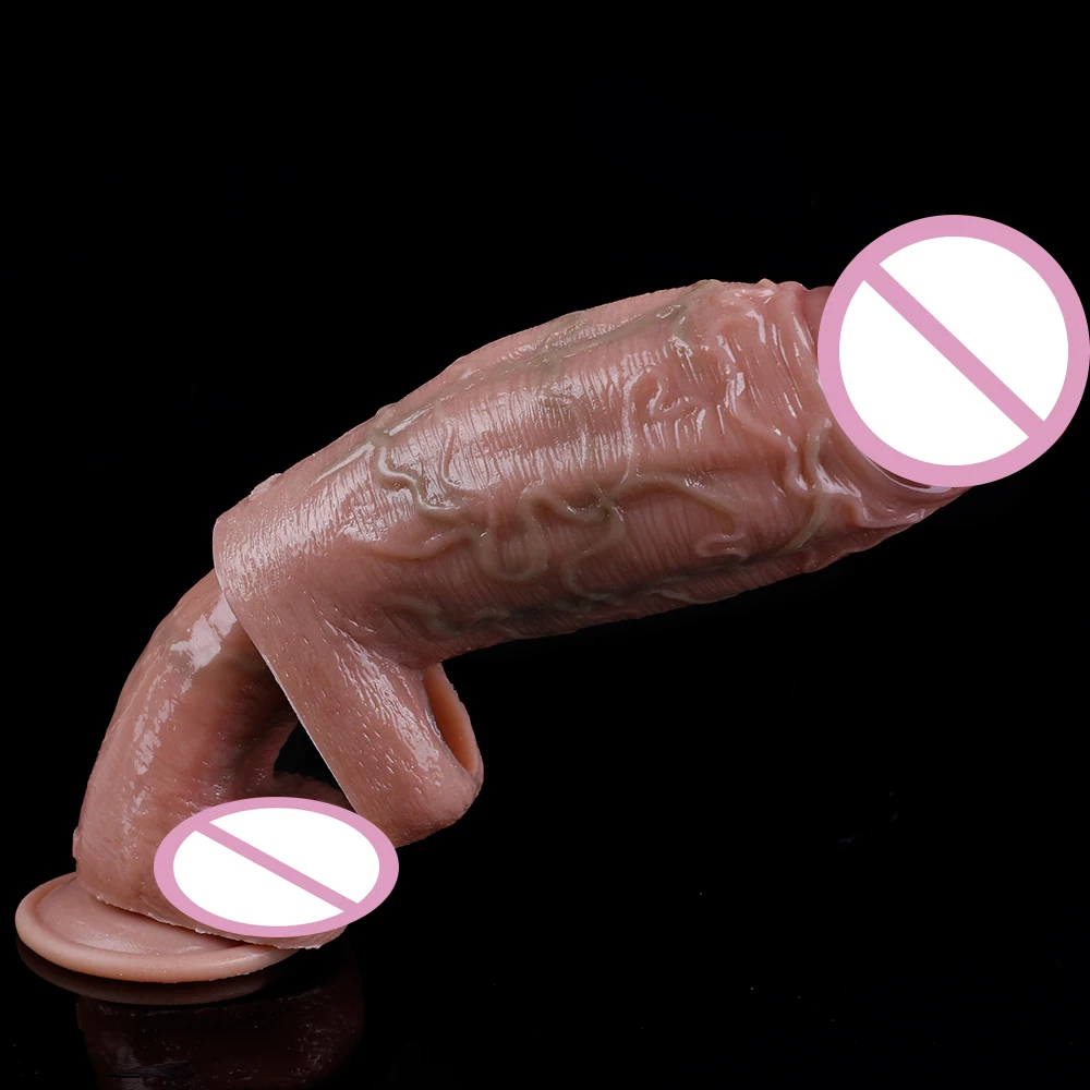 FAAK Realistic Hollow Dildo With Anti-drop Ring Large Silicone Penis Sleeve Strecthable Sex Toys For Men Cock Enlargement