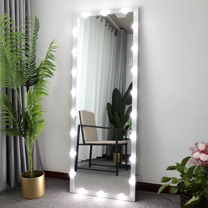 Bathroom Wall Hang Long Full Length Mirror with Light Bulbs, Standing Floor Vanity Makeup Mirror for Bedroom