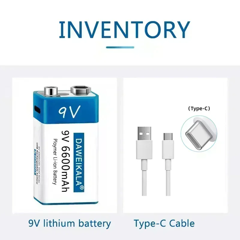 For 9V Battery 6600mAh li-ion Rechargeable battery Type-C USB Batteries 9V lithium for Multimeter Microphone Toy Remote Control