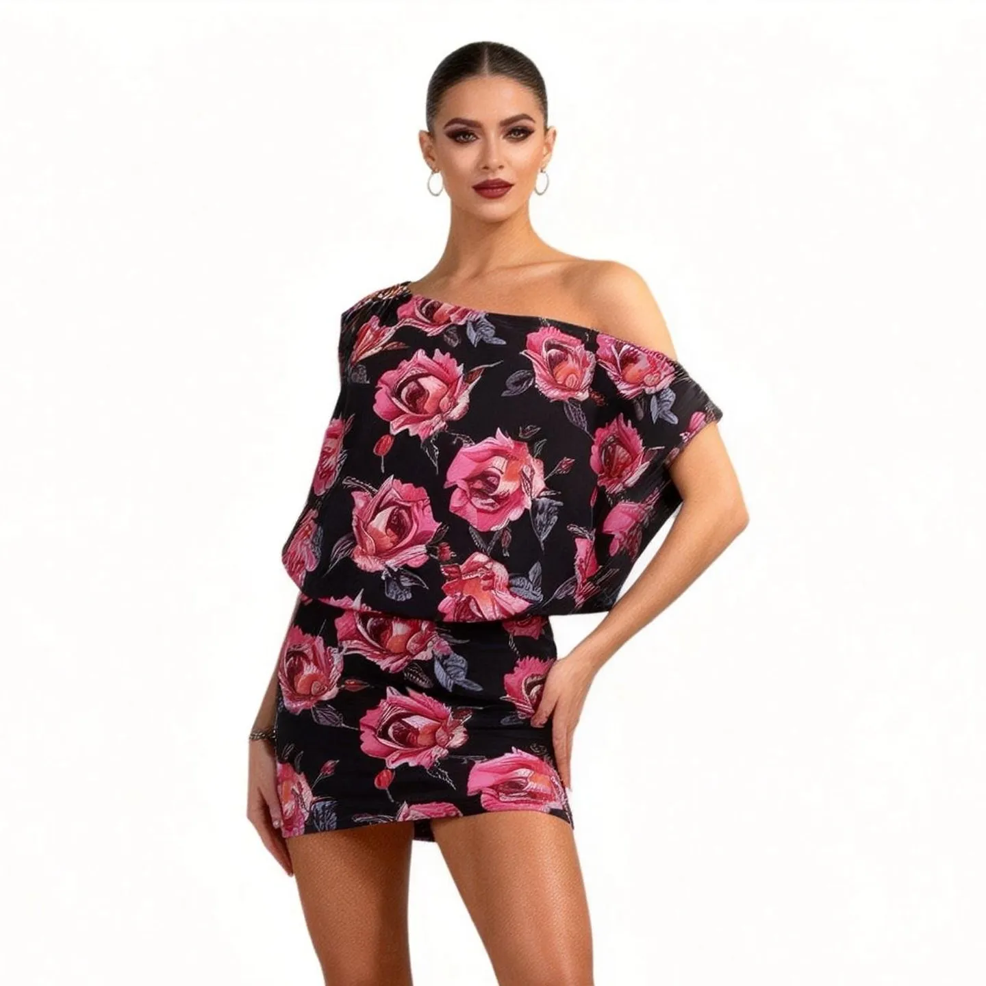 

2026 Pink Rose Pattern Latin Dance Dress Slopping Shoulder Sexy Short Dress Women Tango Rumba Salsa Dance Clothes Practice Dress