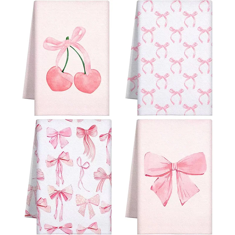 Juego de 4 toallas de cocina con lazo de cereza rosa, 40 cm x 60 cm, paño de limpieza súper absorbente y suave, toallas de cocina y repostería, toallas de mano, paños de limpieza, paños para platos, decoración de cocina, decoración de sala de estar, artículos esenciales para la cocina, artículos esenciales para el hogar
