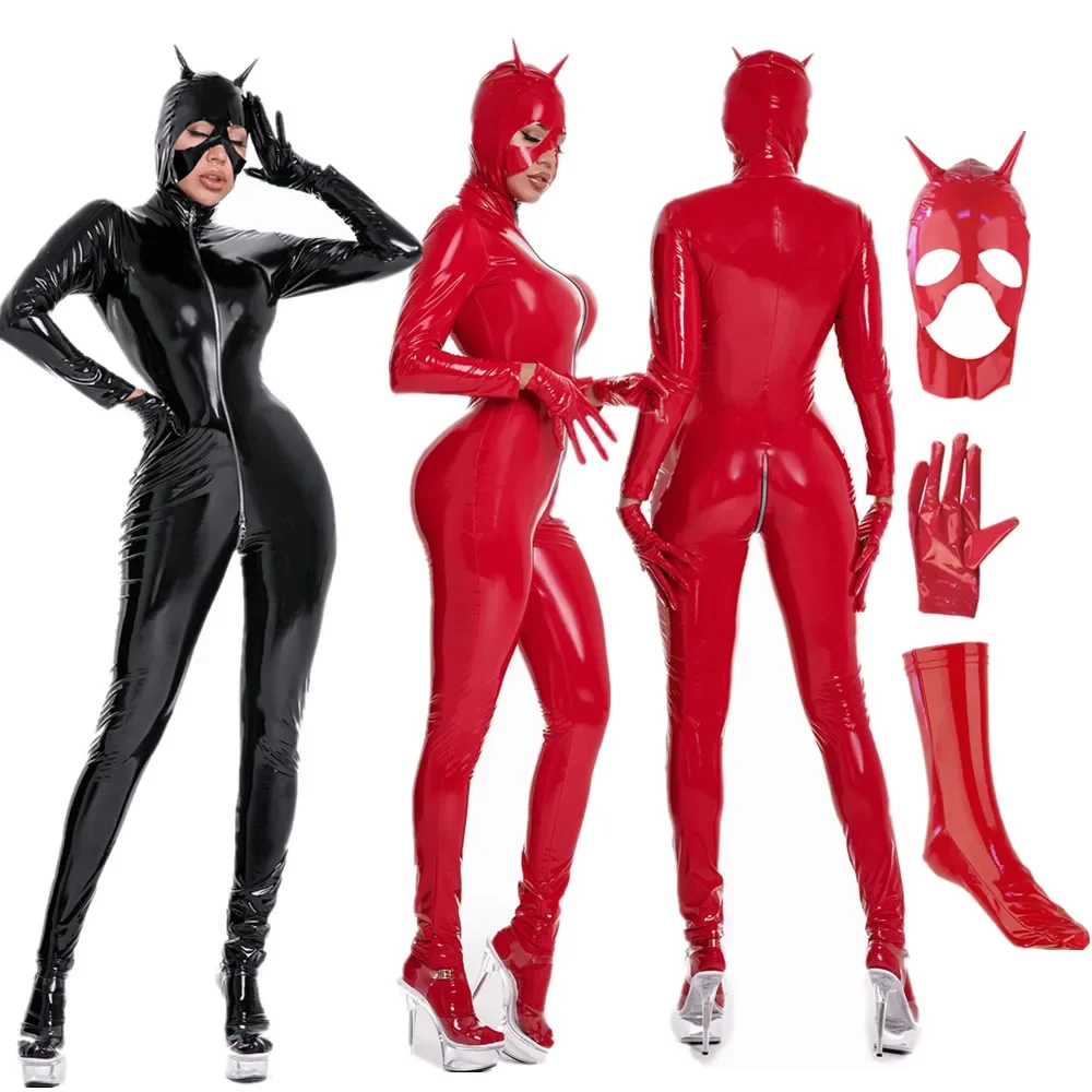 Women Sexy Shiny Faux Leather Jumpsuits Suit Long Sleeve Zipper Open Crotch Wetlook Latex Catsuit Clubwear Red Black