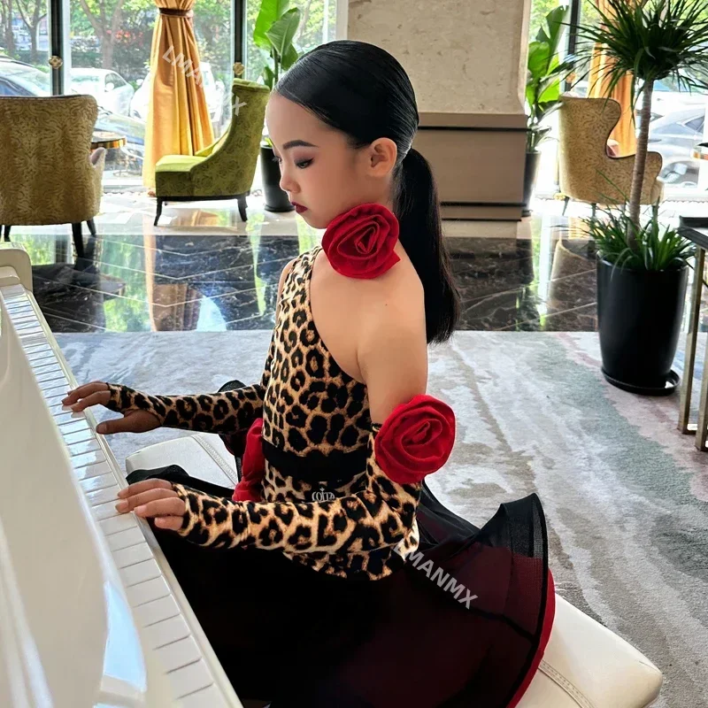 Sukienka do tańca latynoskiego Jedno ramię Leopard Sukienka do tańca latynoskiego Dziewczęca profesjonalna sukienka do tańca latynoskiego Salsa Wear — zdjęcie 5