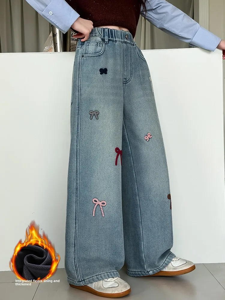 Pantalones vaqueros de mezclilla de pierna ancha con forro de Fce para niñas Otoño Invierno Sle pantalones casuales de algodón de cintura alta para niñas adolescentes