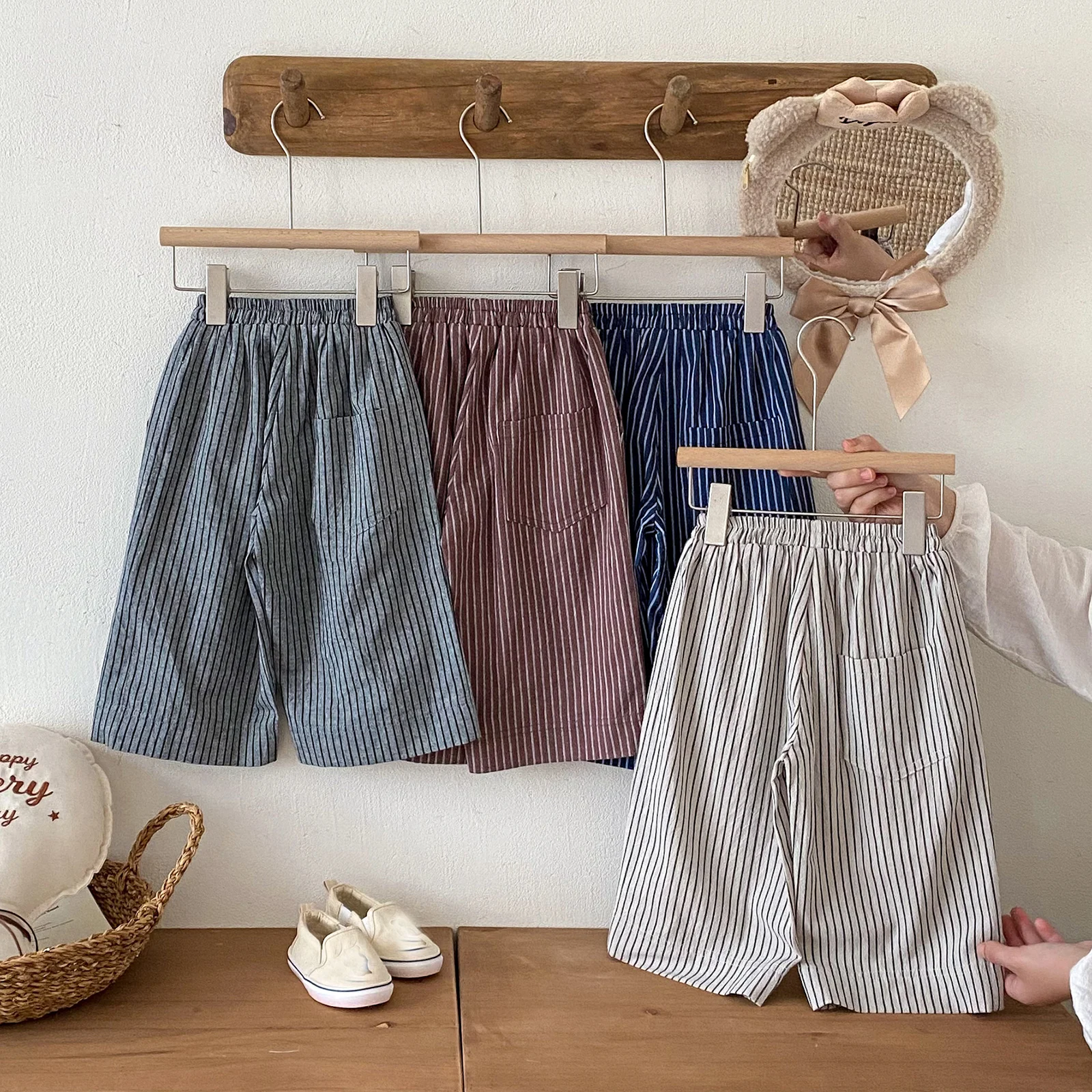Boys Girls Linen Cotton Stripe Trousers For Children's Clothes Fall Spring Boy Loose Casual Harem Pants Kids Long Pants for 1-6T