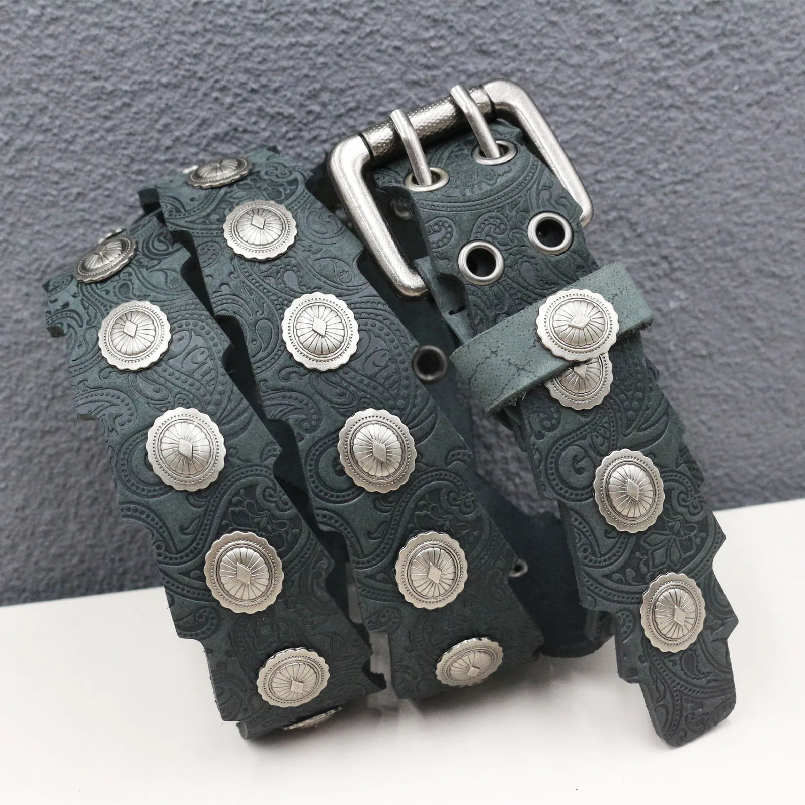 3.8cm Men's American Western Trendy Genuine Leather Embossed Belts Neutral Retro Round Metal Rivet Personalized Cowskin Belt