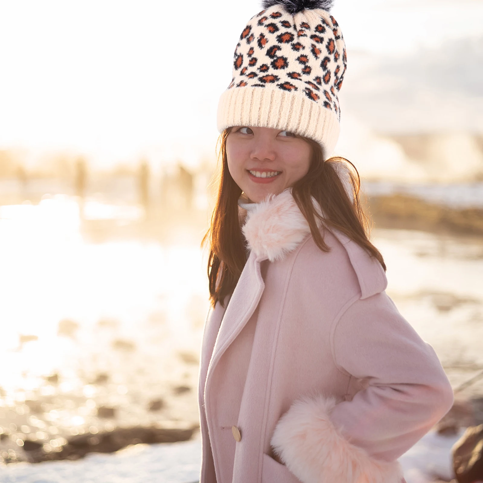 

Warm Winter Knitted Hat Beanie Leopard Women Soft Polyester Woolen Foldable Lightweight Stylish Faux Pompom Comfortable