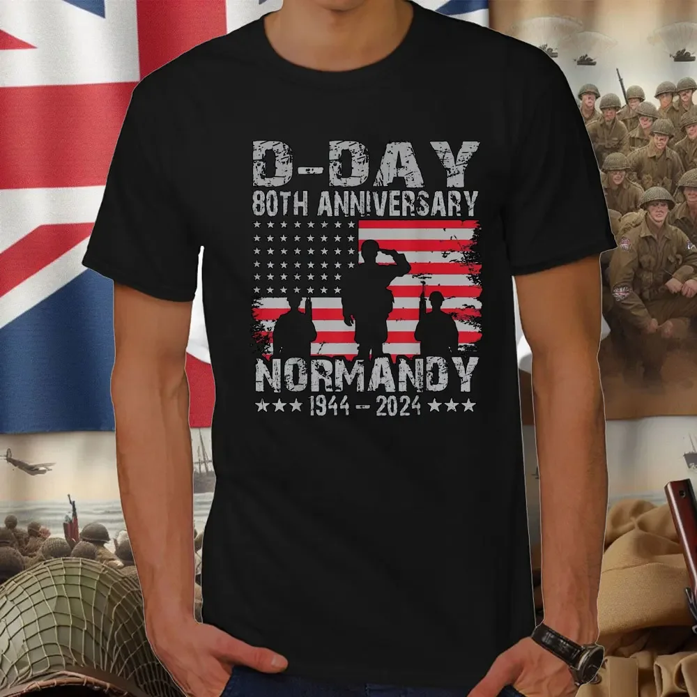 D-Day 2024 Men Shirts 80th Anniversary Normandy 1944 US Flag T-Shirt Classic Men's Short-sleeved Crew Neck Streetwear Tshirt