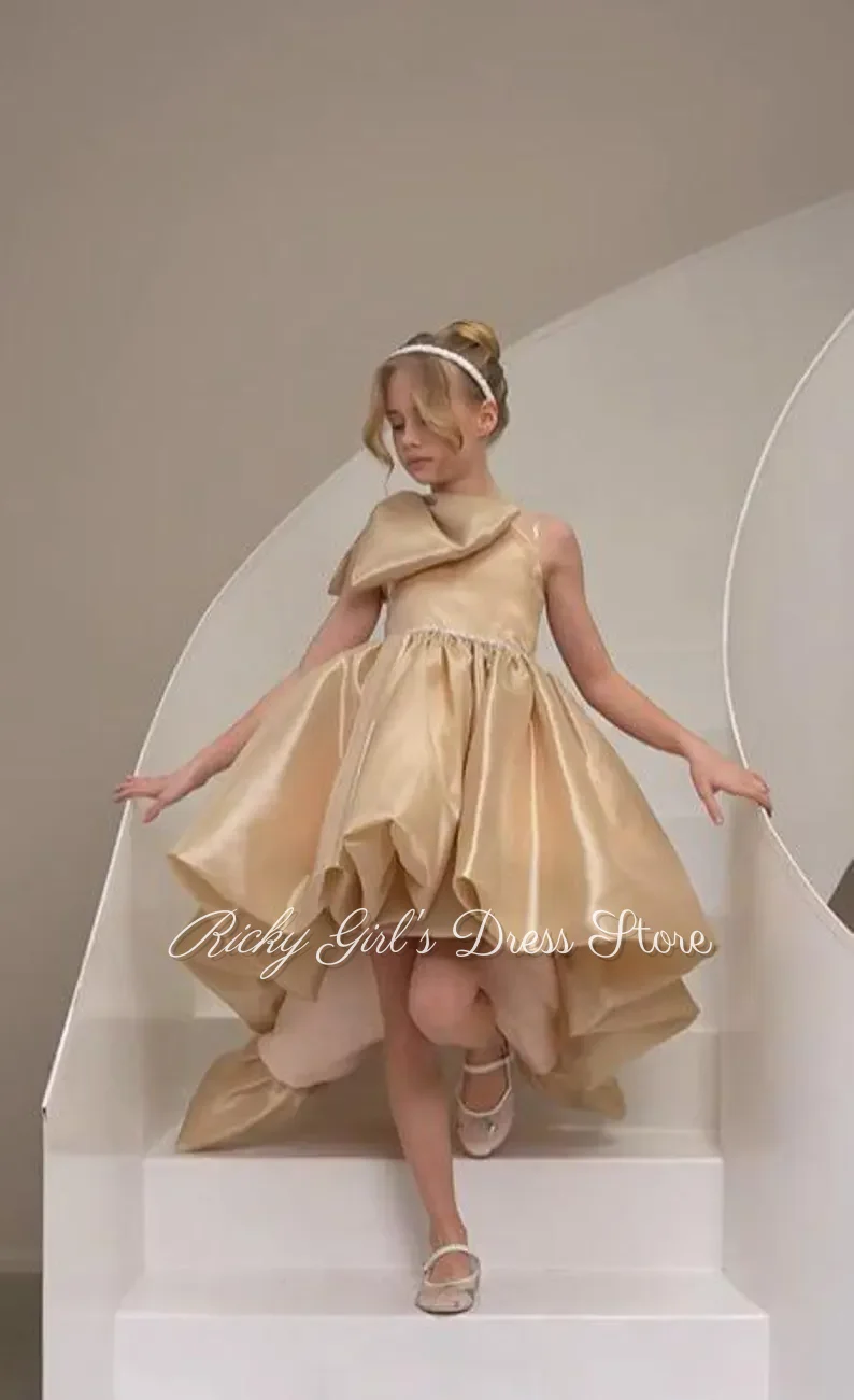 Champagne High-Low Flower Girl Dress Big Bow Birthday Party Gown Toddler Princess Dress For Kids Fancy Gala Dress Customized