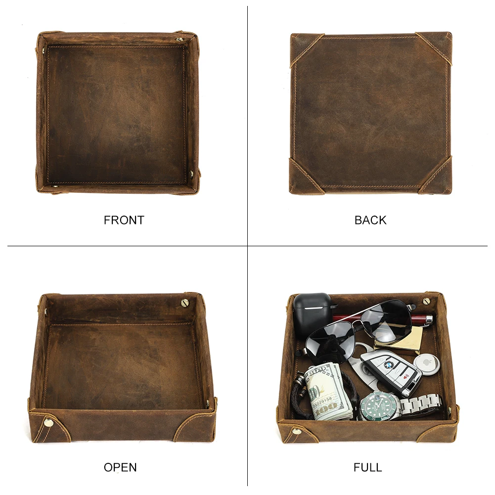 Retro Genuine Leather Storage Tray Desktop Organizer For Key Jewelry Coins Cable Cosmetic Storage Box Home Decoration