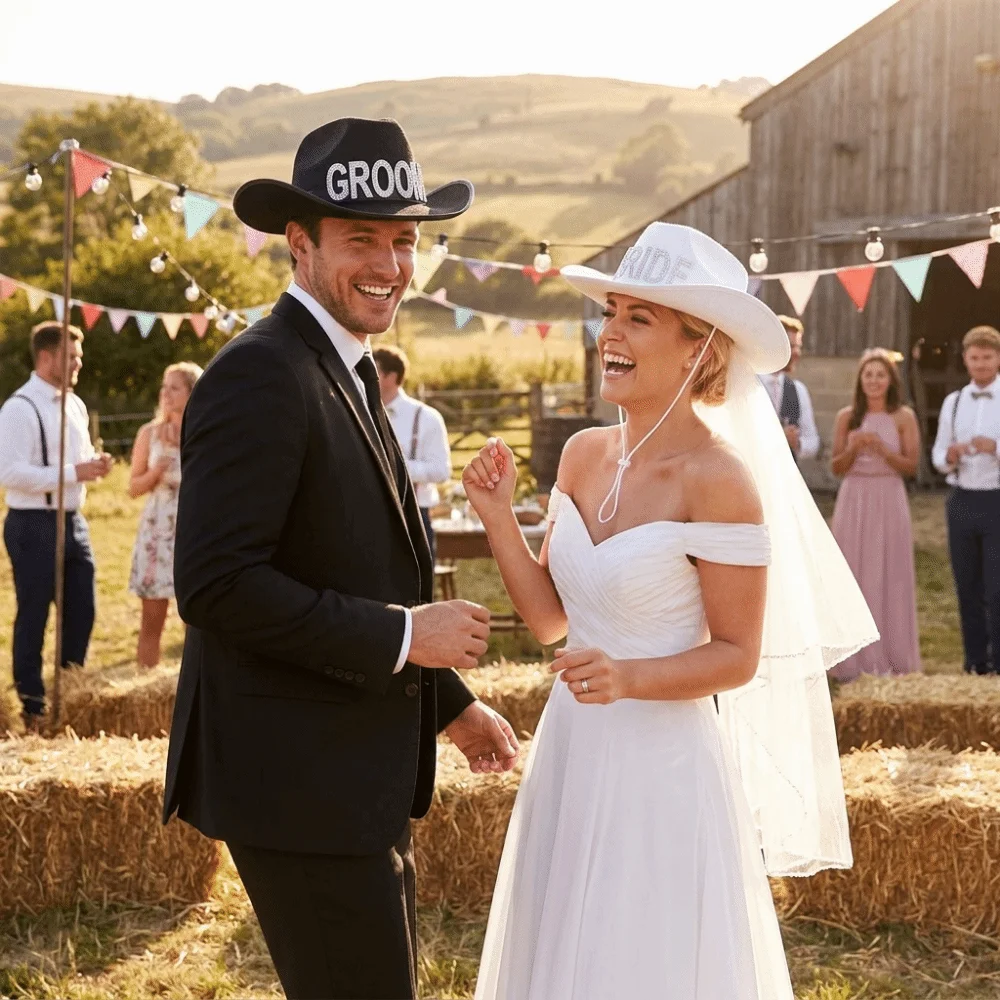 Sombrero de vaquero blanco de tela no tejida para novia, romántico con perlas, sombrero de vaquero para novio, sombrero de vaquero nupcial de ala ancha, para despedidas de soltera