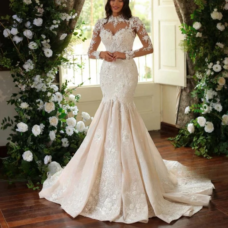 

Beauty Embroidery Lace High Collar Mermaid Weddind Dress With 3D Flowers Appliques Full Sleeves Trumpet Bridal Gowns