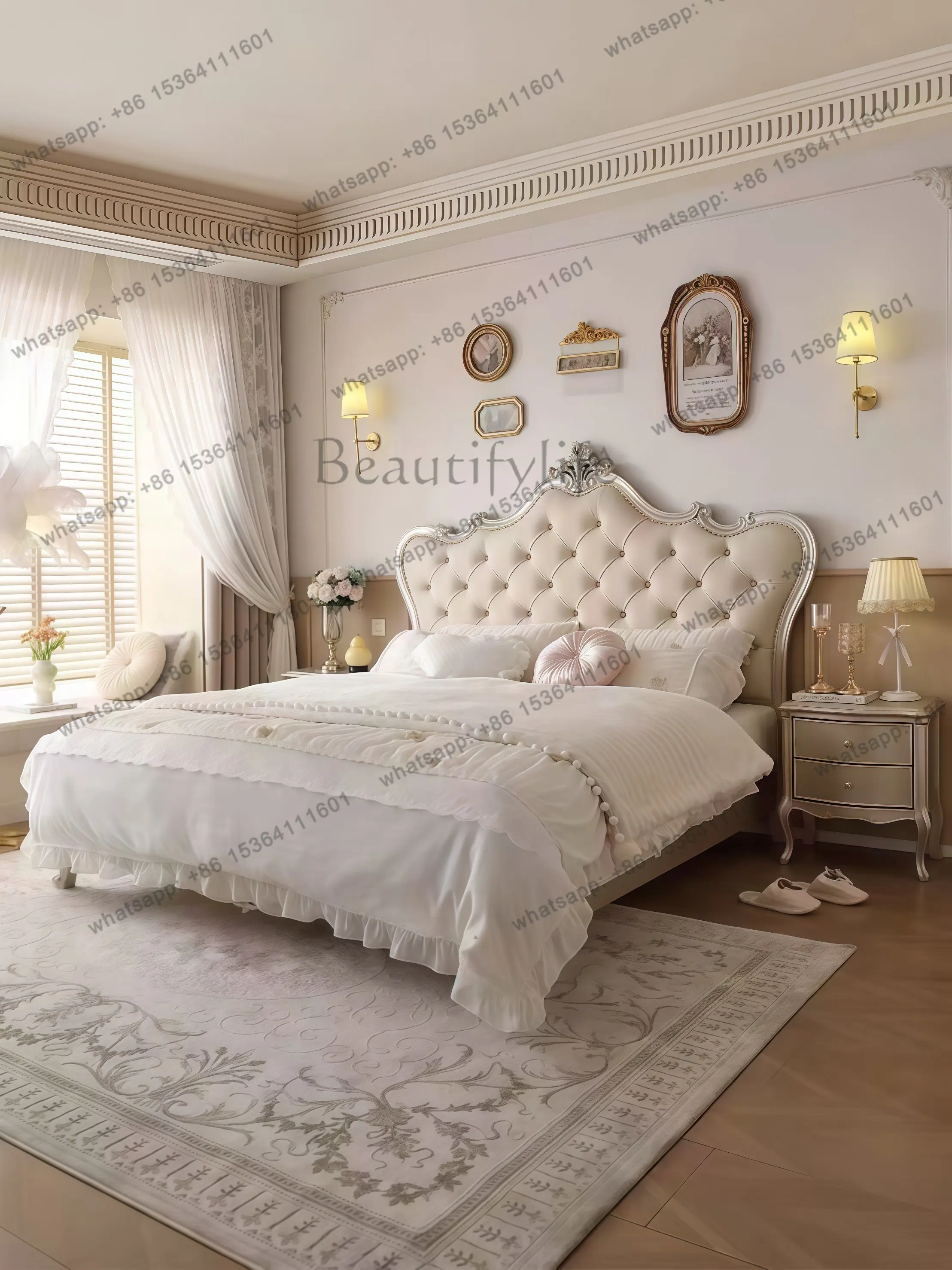 American light luxury solid wood bed, 1.8m master bedroom, European-style hand-carved high-end French princess bed