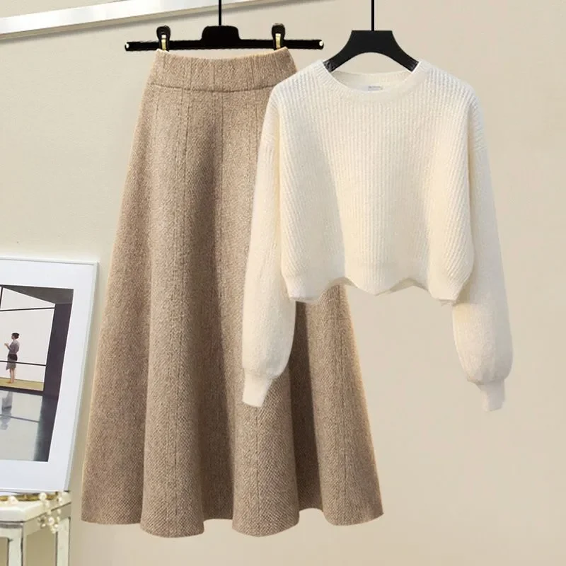 

Повседневный комплект из двух предметов, женский пуловер с длинным рукавом и круглым вырезом, свитер, юбка-миди, модный костюм-свитер на осень-зиму 2025 г.