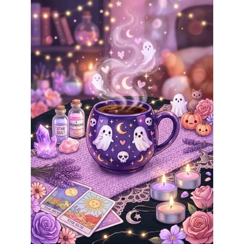 DIY Cute Ghost Purple Coffee Cup Tarot Card Crystal Witchy Scene Diamond Painting Mosaic Handmade Art Exquisite Home Decoration