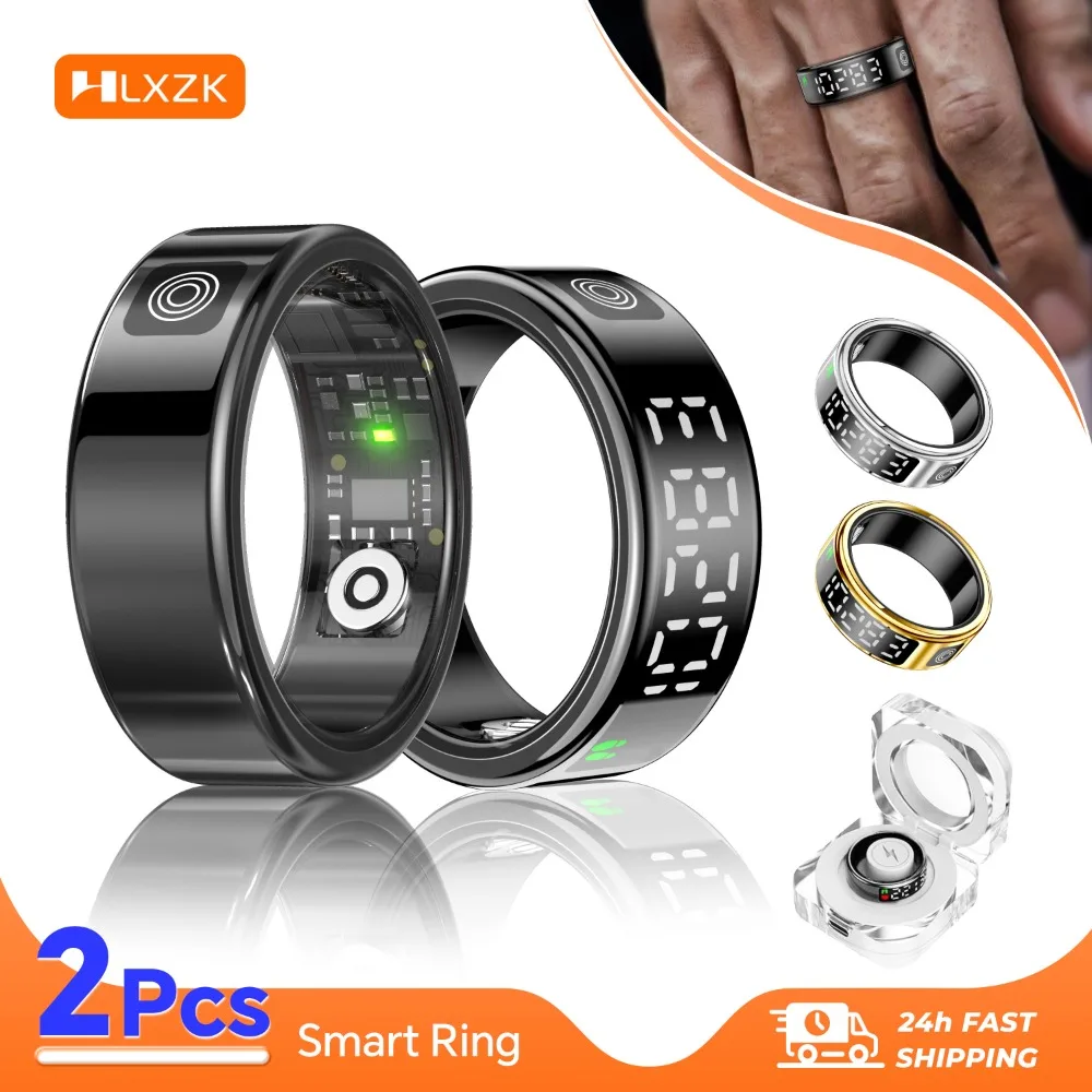 2 Set Display Screen Bluetooth Smart Rings Sleep Heart Rate Oxygen Monitoring Multi Sports Modes IP68 Waterproof Women Men Ring