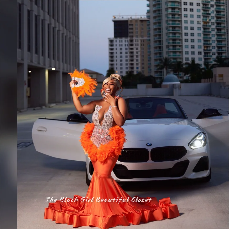 Warm Orange Elegant Evening Black Girls Luxury Rhinestone Beaded O Neck Dress 2024 Sexy Ruffle Fishtail Dresses