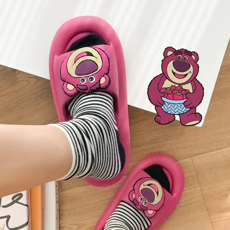 2024 new Lotso strawberry bear black white pink Sandals Slippers For Women's Summer Cute Outerwear Thick Home shoes