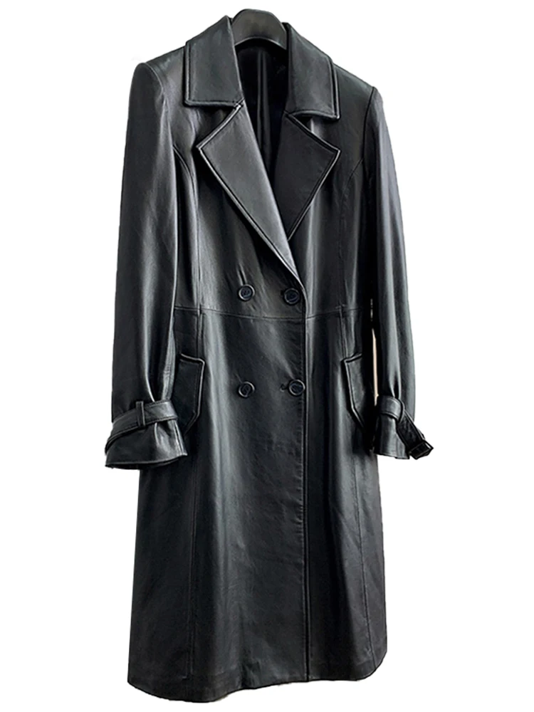 Lautaro Spring Autumn Long Fitted Black Faux Leather Trench Coat for Women Belt Double Breasted Fashion 2022 Runway Raincoat