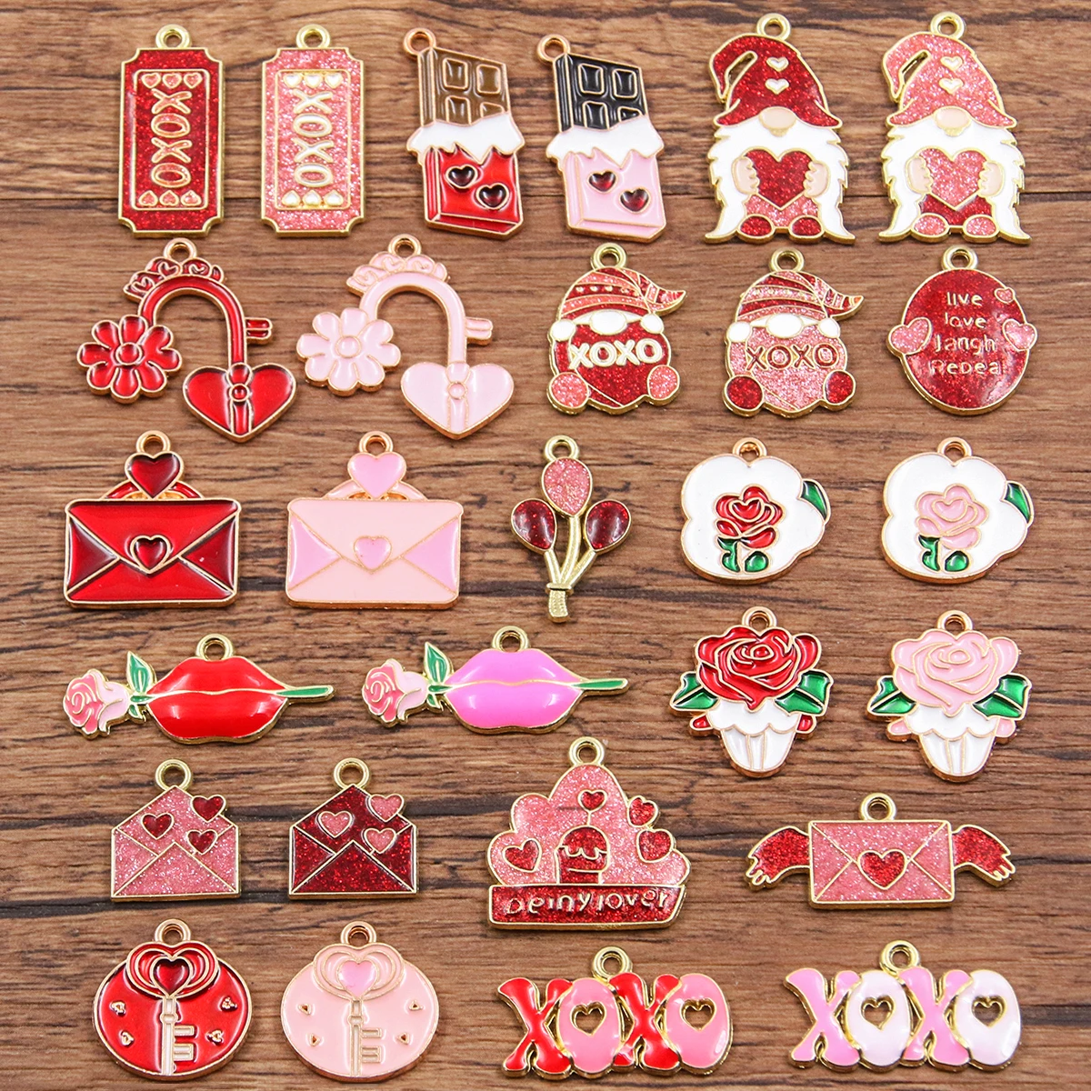 10Pcs 16Style Mix Size Alloy Metal Drop Oil Valentine's Day Charm Flower Envelope Pendant For Enamel DIY Bracelet Jewelry Making