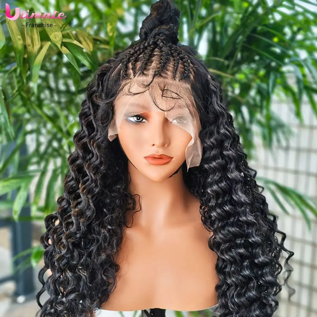 

13x4 Синтетический плетеный парик Cornrow, полуплетеный, полукудрявый парик, плетеный парик с глубокими волнами и детскими волосами для чернокожих женщин, 24 дюйма