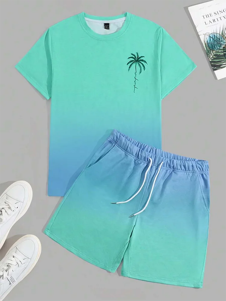 Hawaiian Style Men\'s T-shirt Beach Pants Suit Daily Casual Stylish Men\'s Short-sleeved Top Outdoor Vacation Men\'s Athletic Short