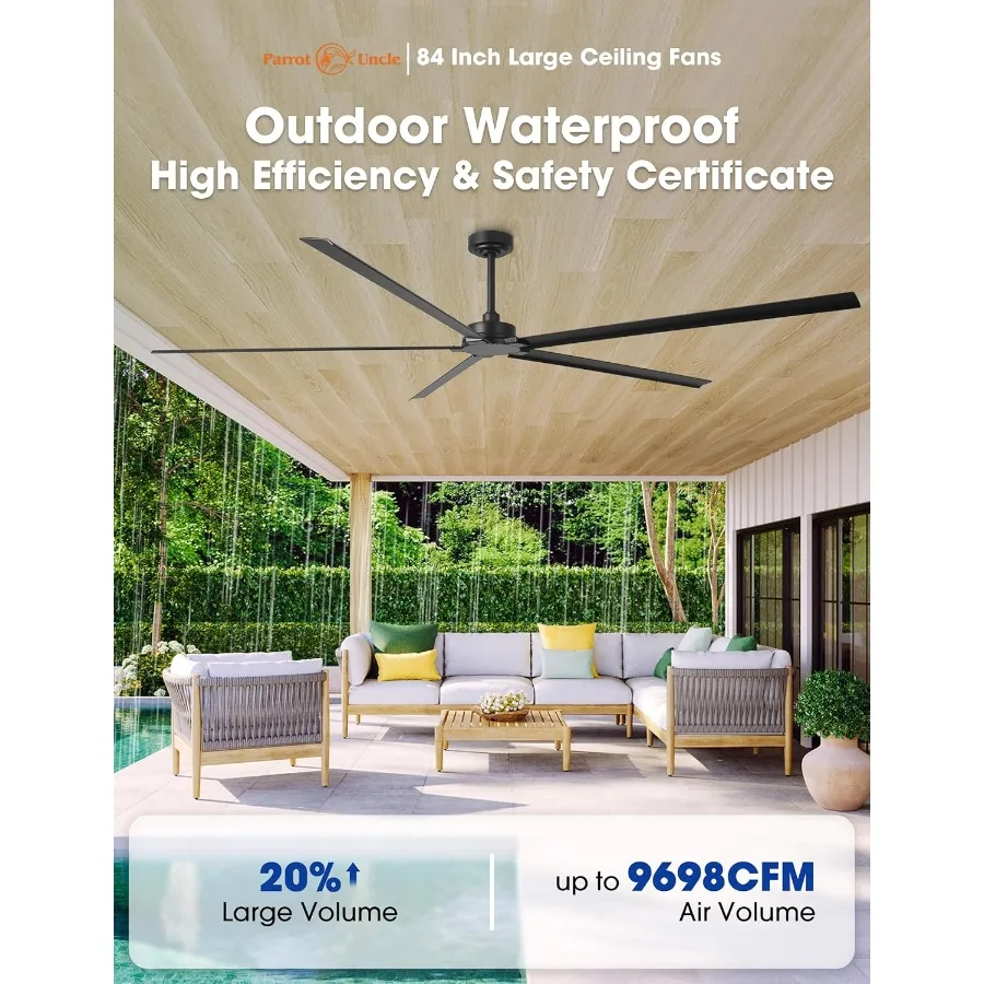 مراوح السقف في الهواء الطلق مقاوم للماء 84 بوصة مراوح السقف الصناعية السوداء بدون أضواء مروحة سقف كبيرة بدون ضوء مع 5 ألومنيوم