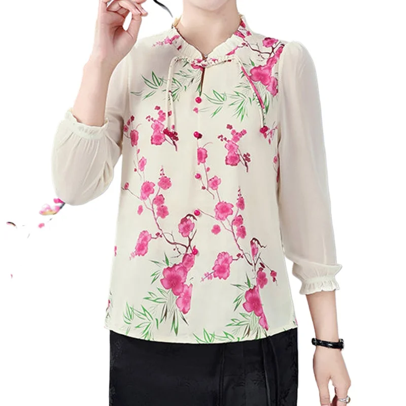 New Summer Elegant Fashion Loose Casual Office Lady Retro Chinese Style Women\'s Shirt Print Lapels Long Sleeve Chic Tops