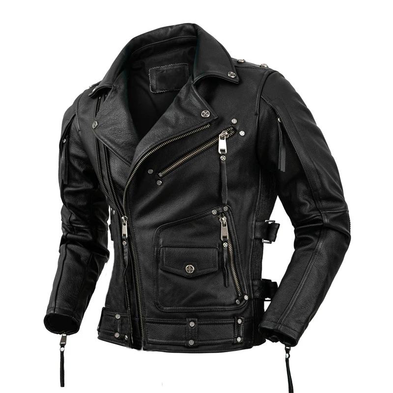 

Men's Natural Leather Motorcycle Jacket Top Layer Cowhide Biker Jacket Retro Moto Suit Stone Milled Large Size Leather Jacket