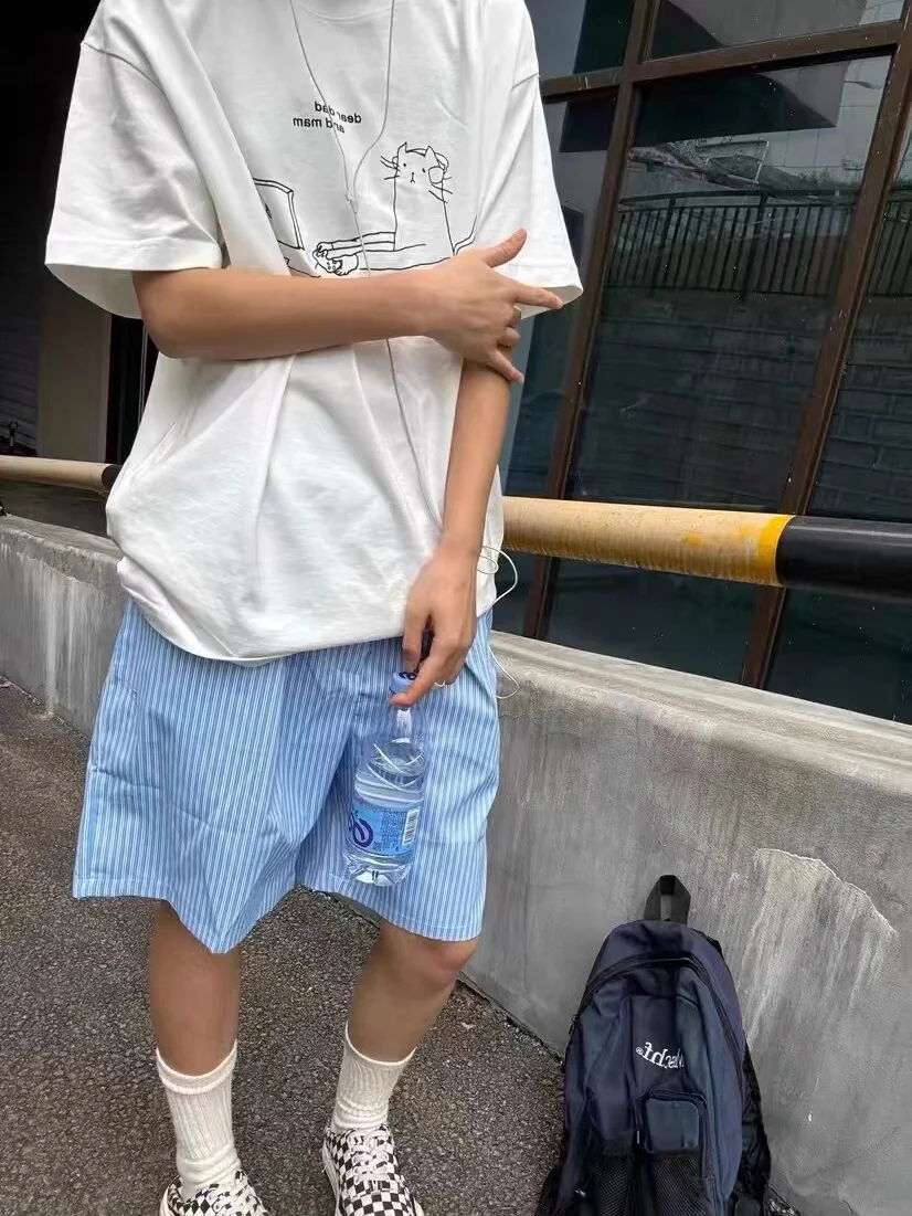 American Street Blue Stripe Beach Shorts Unisex Summer Loose Casual Quick Dry Drawstring Five-Quarter Trendy Youth Casual Pants