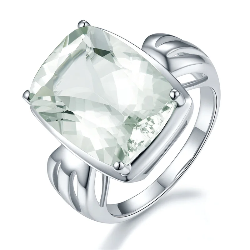 Ring for Women Green Amethyst Solid 925 Sterling Silver Real Natural Gemstone