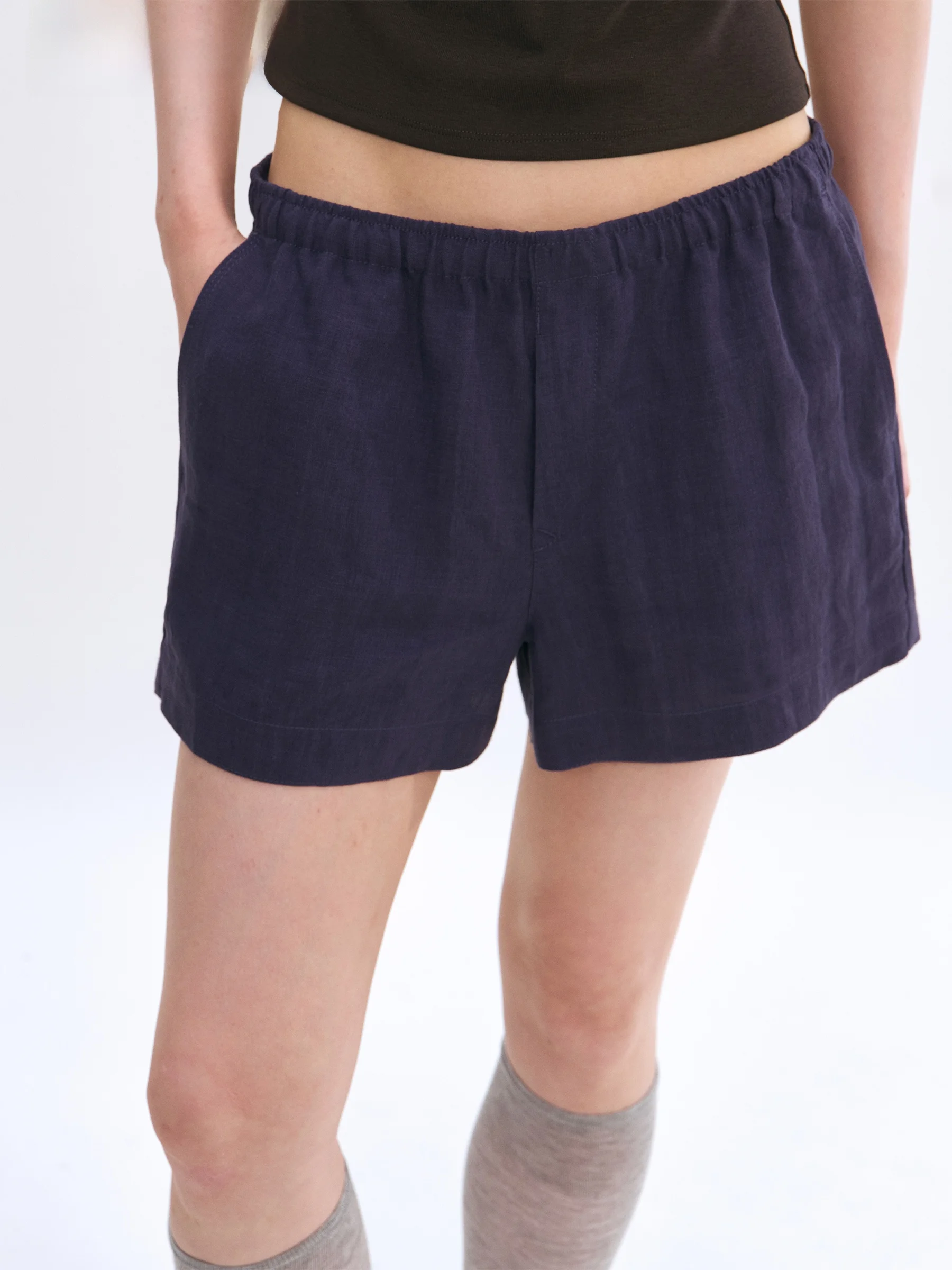 VERMO Casual Pure Linen Elegant Light Blue Purple Short Pants Easy to Match Lightweight Comfortable High Waist Wide Leg Pants