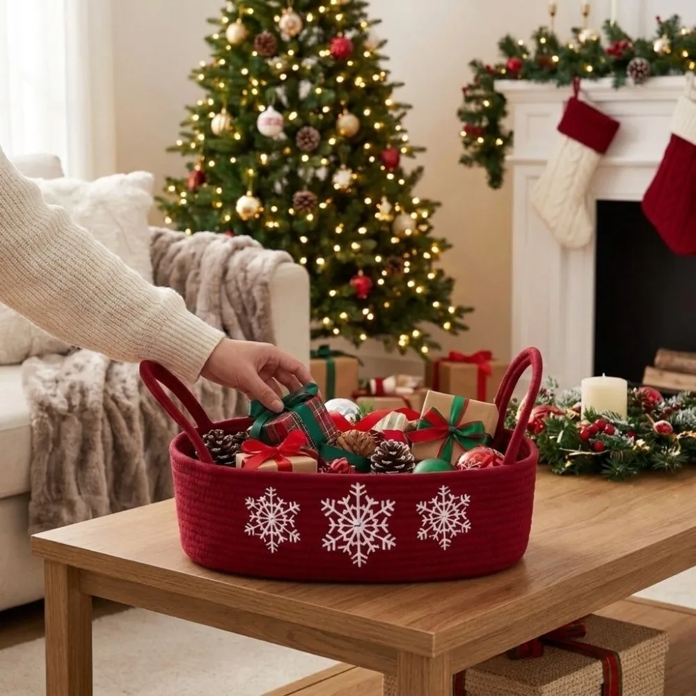 Oval Christmas Snowflake Embroidery Storage Basket Portable With Handle Desktop Storage Basket Handmade Woven