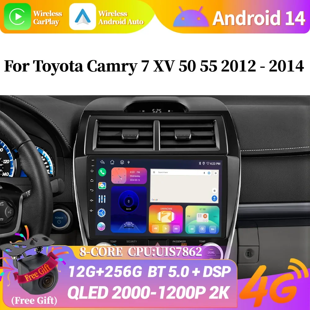 

Android 14 For Toyota Camry 7 XV 50 55 2012-2014 Wireless Bluetooth Carplay Stereo Screen Car Radio Multimedia Navigation WIFI