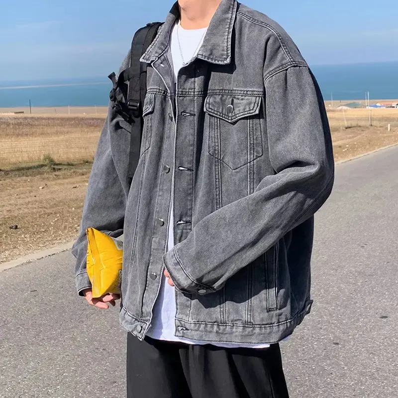 Męska kurtka oversize na wiosnę i jesień, młodzieżowa moda, kwadratowy kołnierz, styl high street, materiał poliestrowy, długa kurtka wierzchnia.