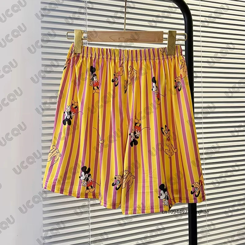 2025 New Striped Cartoon Disney Mickey & Pluto Print Couples Pajama For Women Men Short Pants Autumn Loose Casual Sleep Shorts