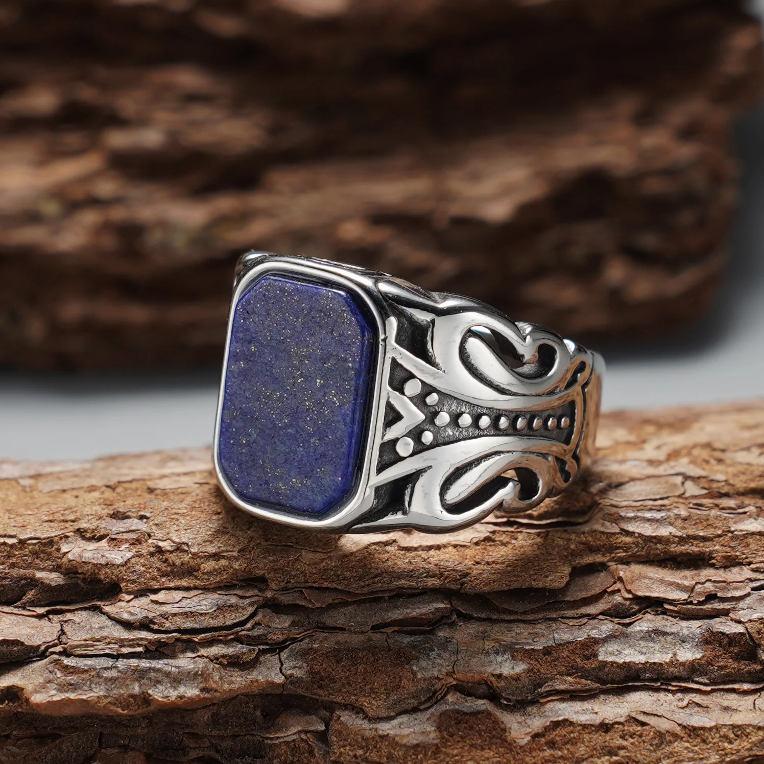 Herren Vintage 316L Edelstahl Rechteckiger Synthetischer Lapis Lazuli Siegelring, Hohlmuster Minimalistischer Trendiger Schmuck – Detail 3