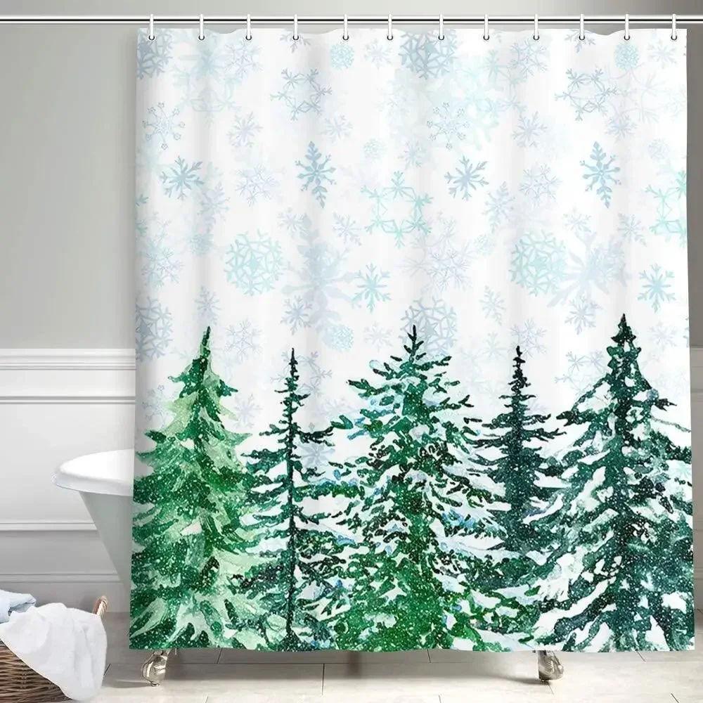 Cortinas de ducha navideñas de granja para baño, juego de cortina de baño de poliéster con copo de nieve, árboles de pino nevado rústico con bosque de invierno